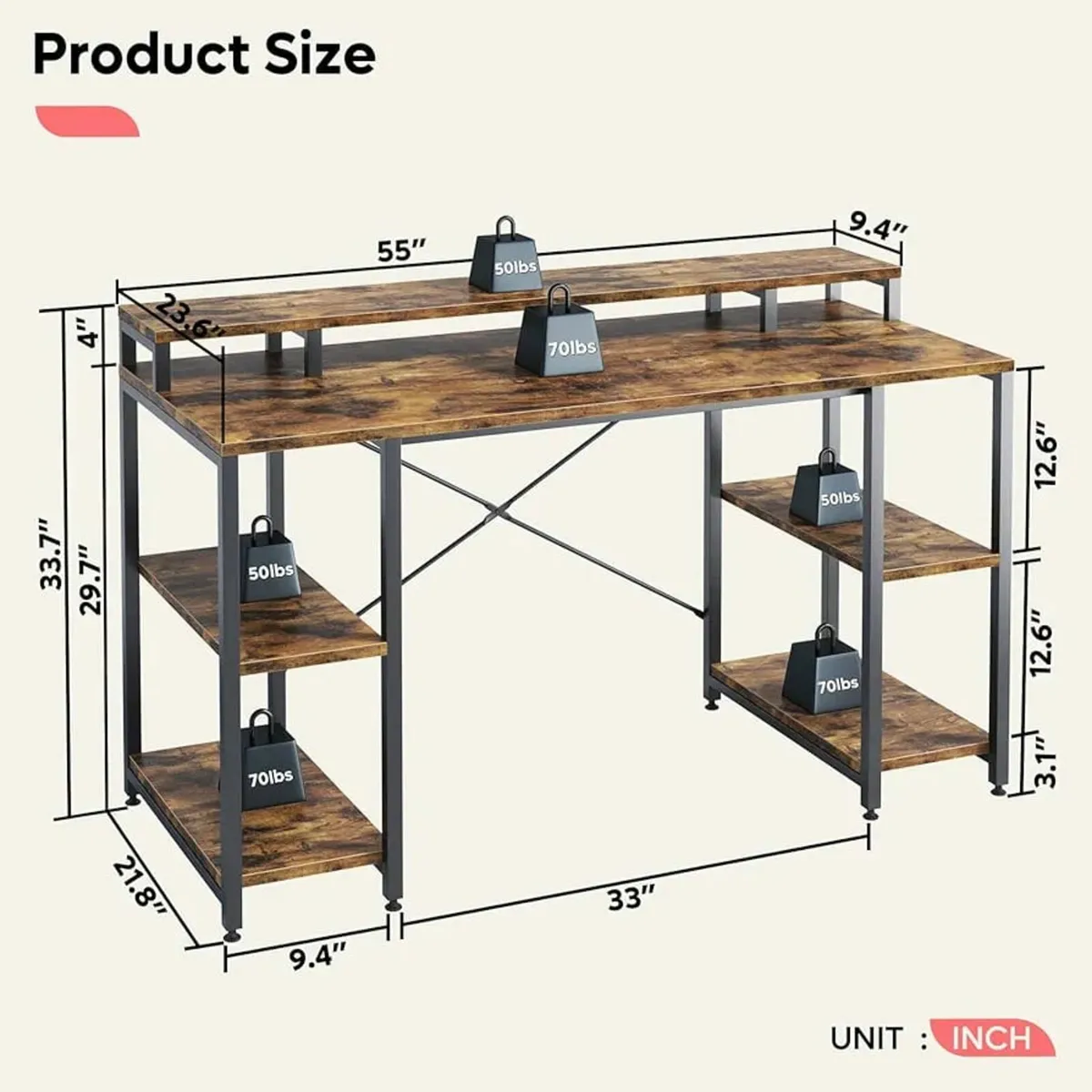 140 CM Computer Desk with Monitor Shelf Gaming Des - Image 2