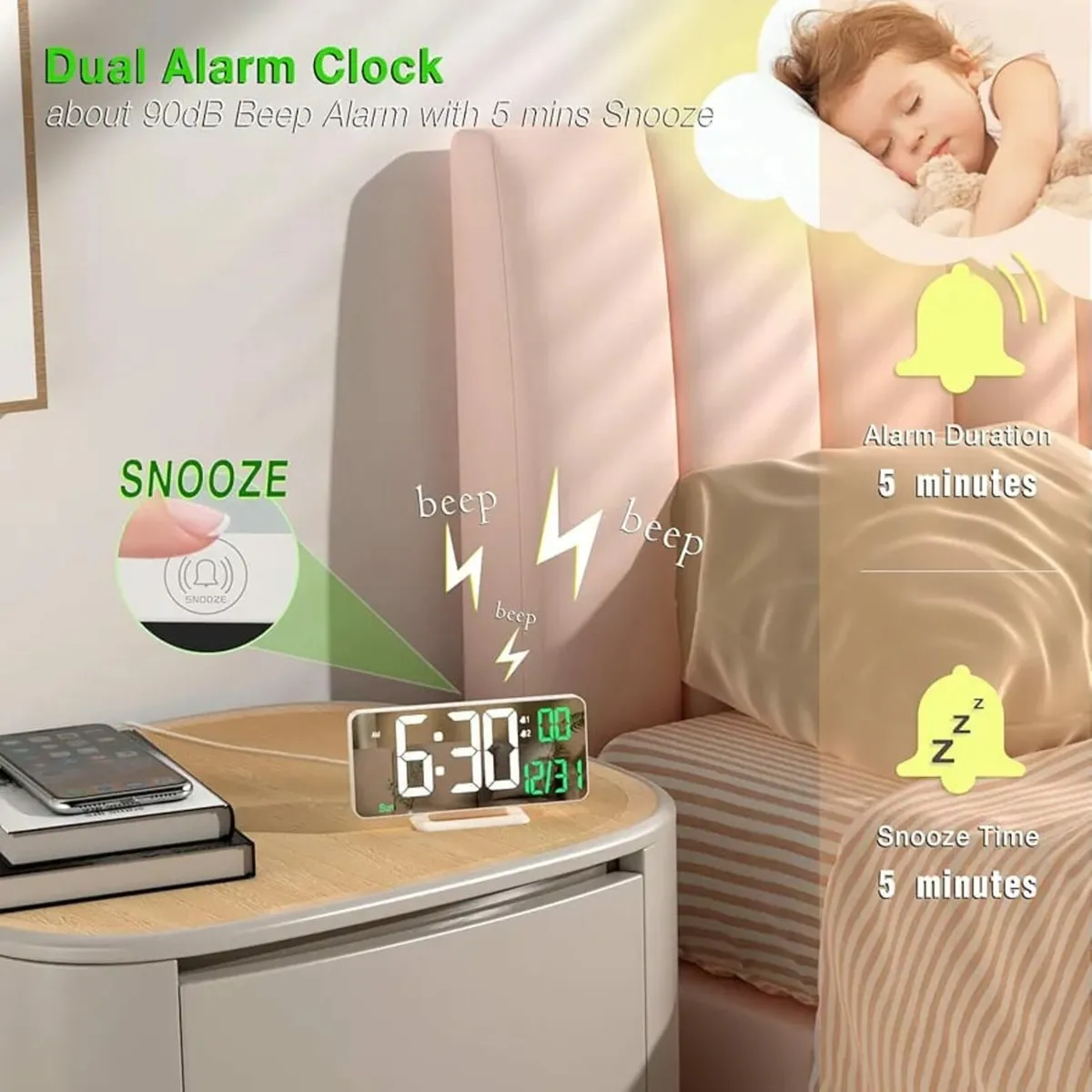 Alarm Clock for Bedroom, 6.7" Led Desk Digital Clo - Image 3