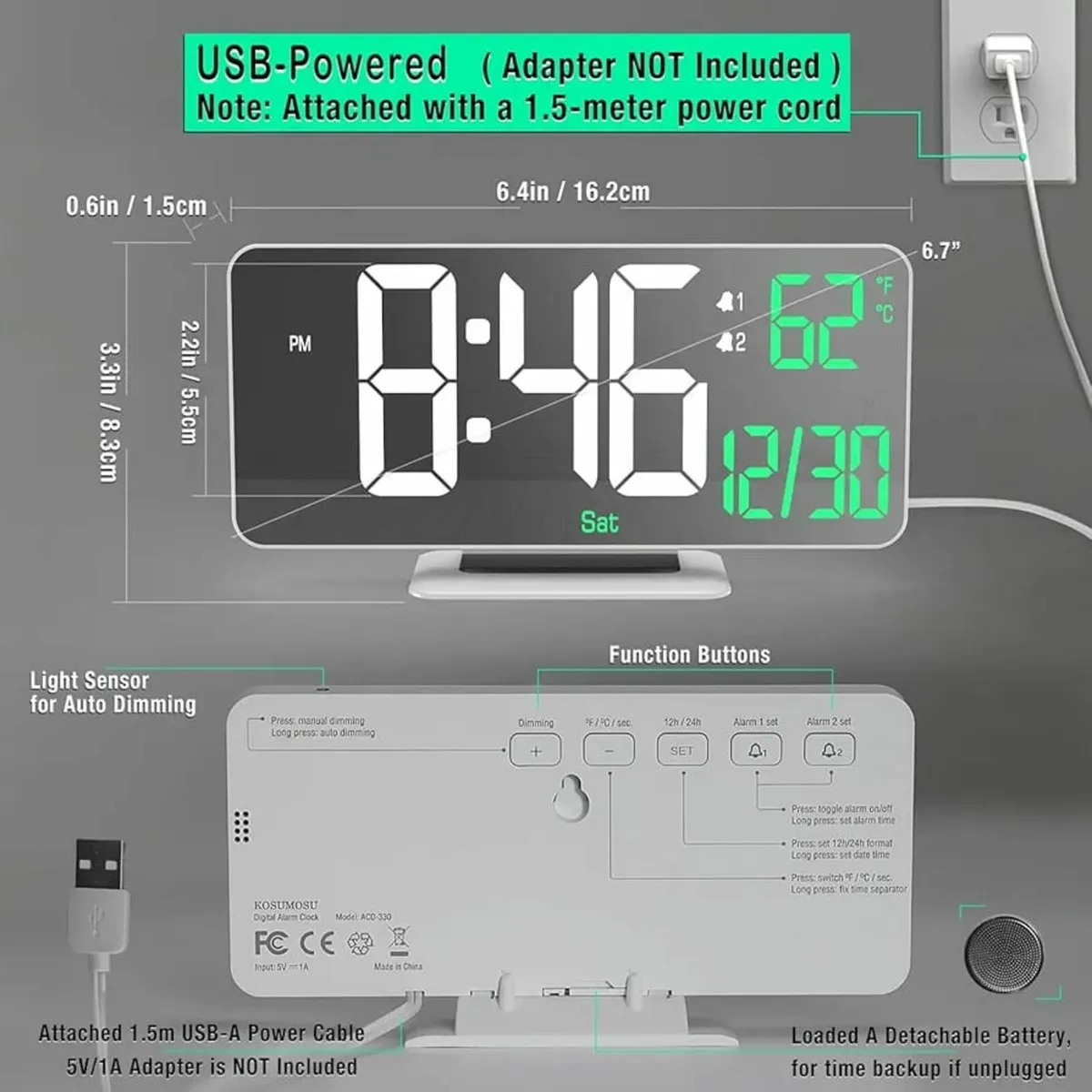 Alarm Clock for Bedroom, 6.7" Led Desk Digital Clo - Image 4