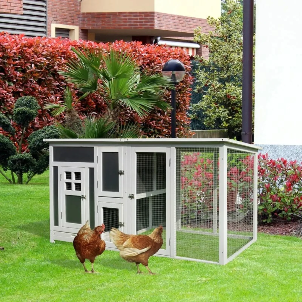 Wood Chicken Coop Hutch Hen House Cage PC Roof w/ - Image 3