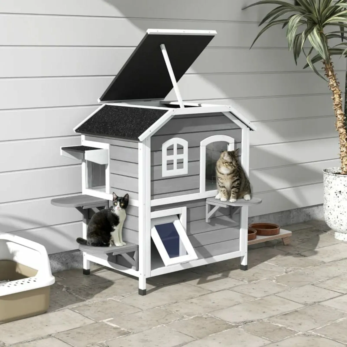 2-story Cat House Outdoor, Weatherproof Wooden Cat - Image 3