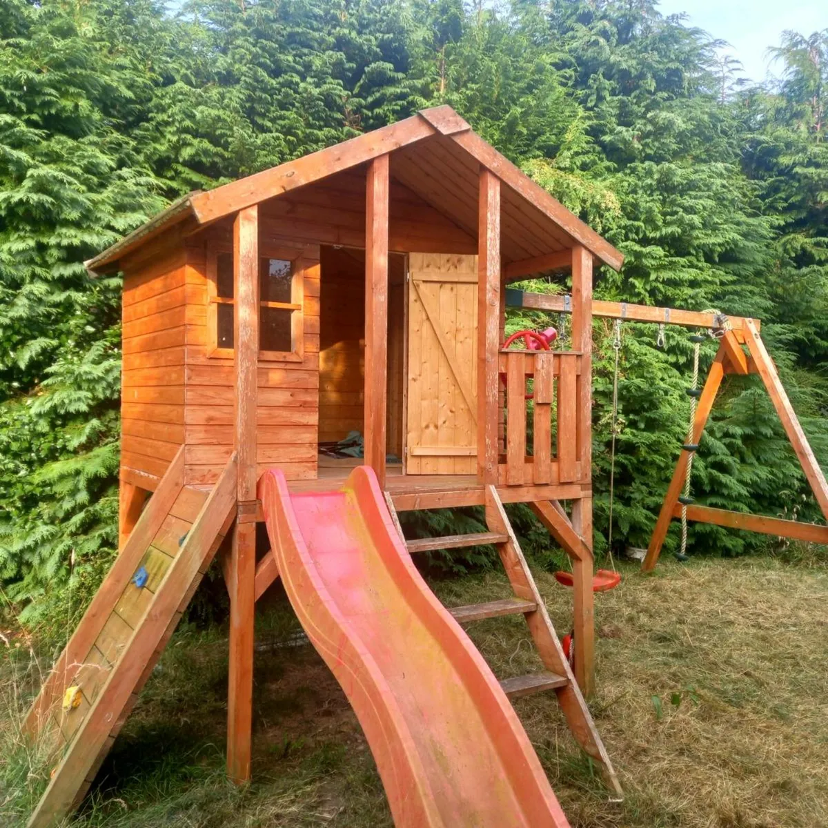 Wooden Garden Kids Playhouse  Double Swing slide - Image 1