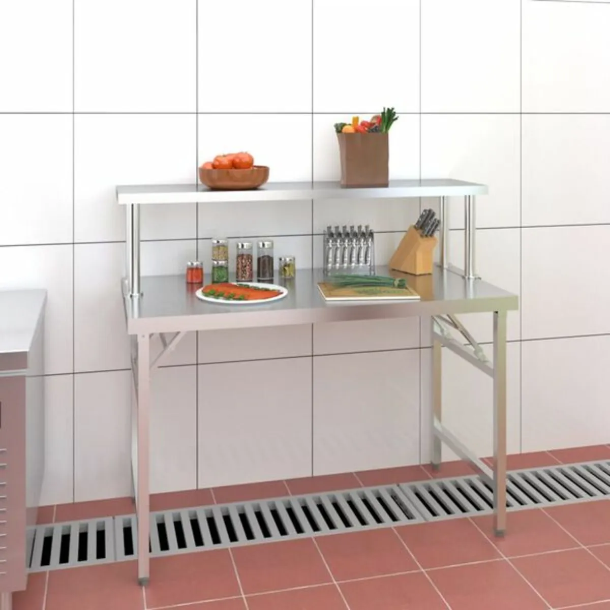 Kitchen Work Table with Overshelf 120x60x115 cm St - Image 2