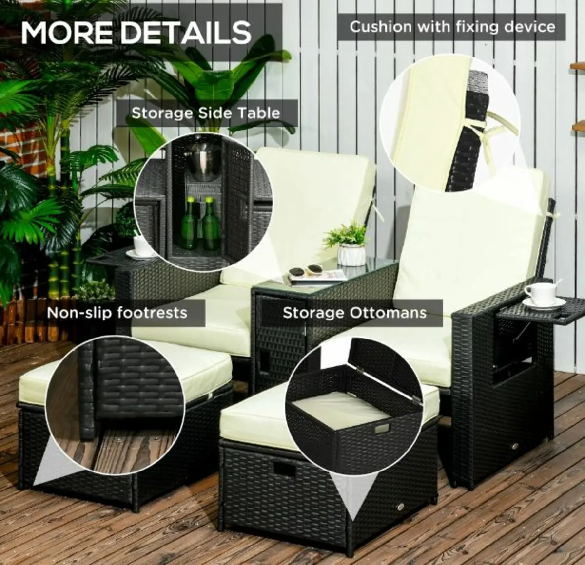 5PC PE Rattan Sun Lounger - Outdoor Wicker 5-Level - Image 3