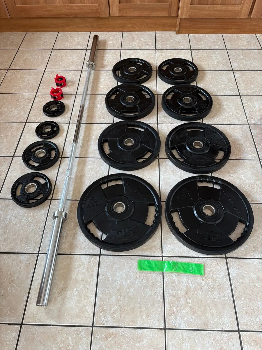 HIGH END URETHANE OLYMPIC WEIGHT PLATES,7 FOOT BAR - Image 2