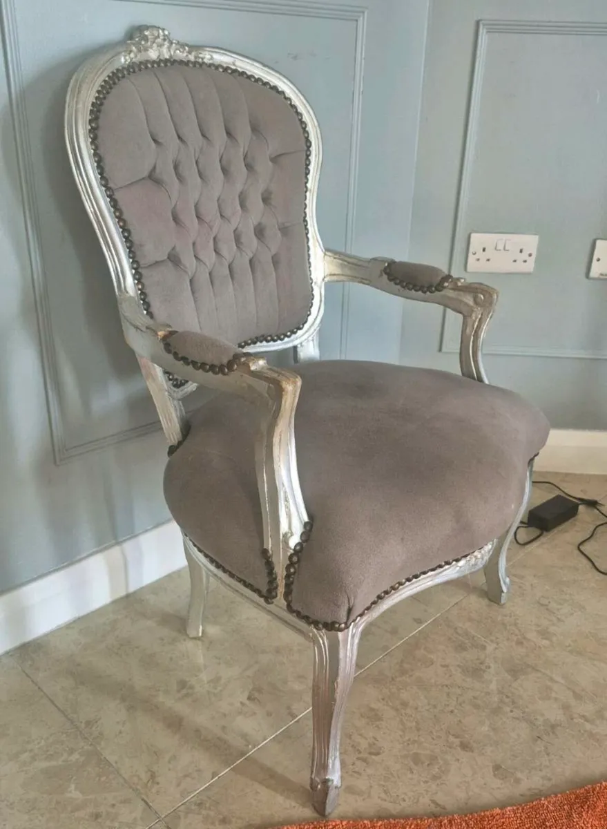 Armchair French Louis Style Grey Velvet Chair Anti - Image 1
