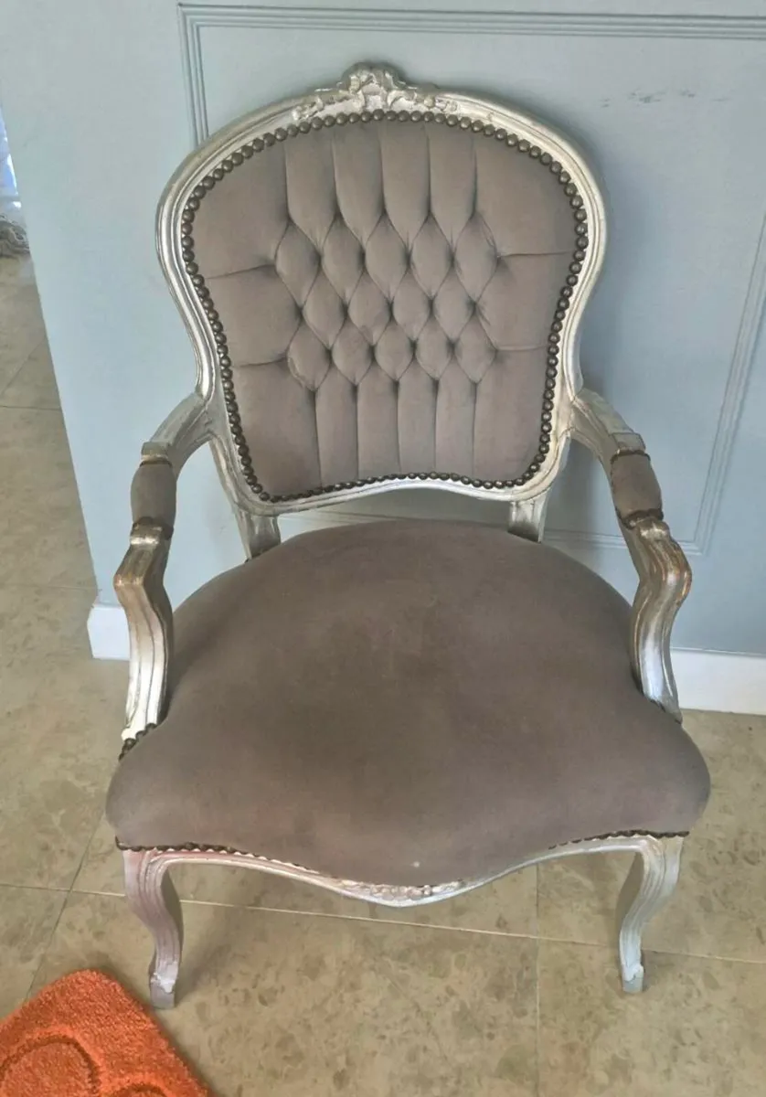 Armchair French Louis Style Grey Velvet Chair Anti - Image 2