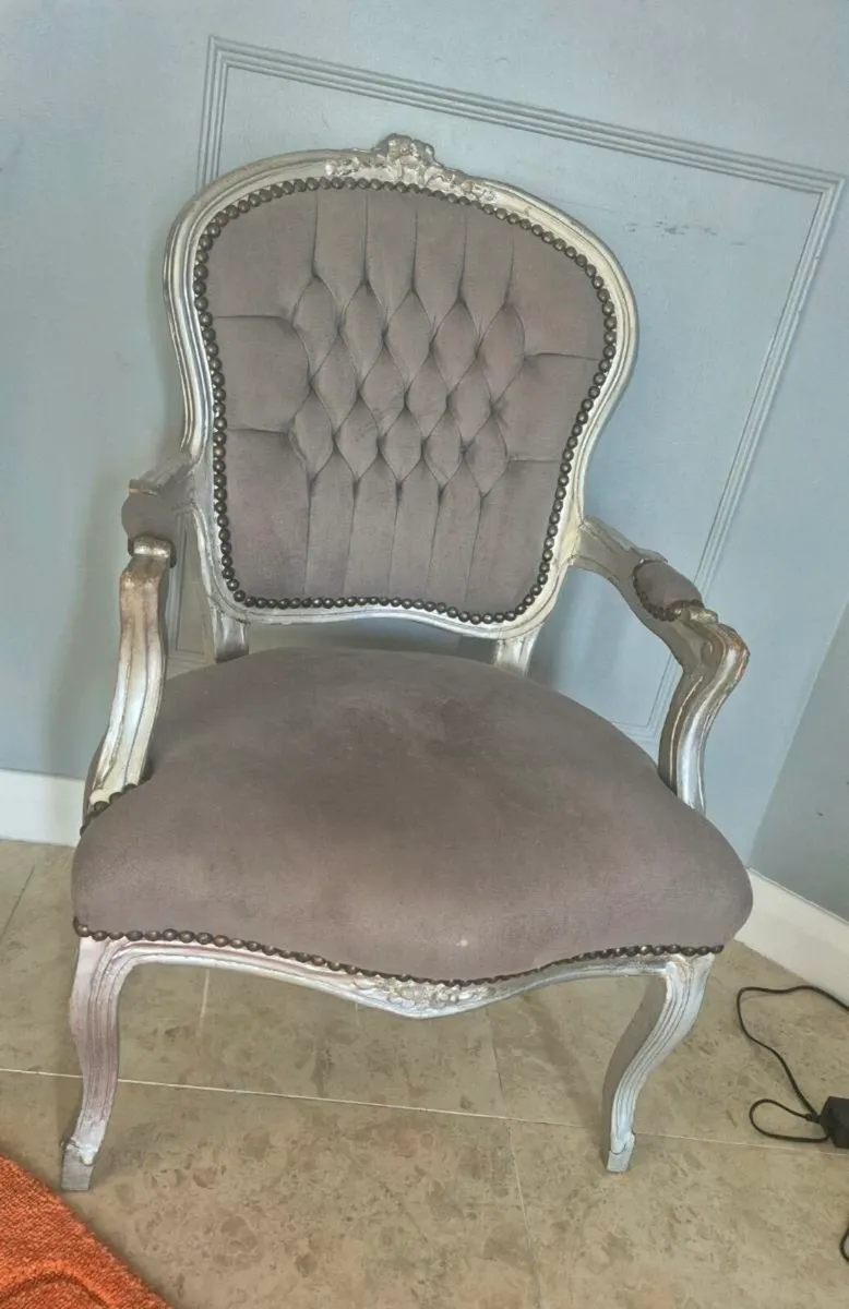 Armchair French Louis Style Grey Velvet Chair Anti - Image 4