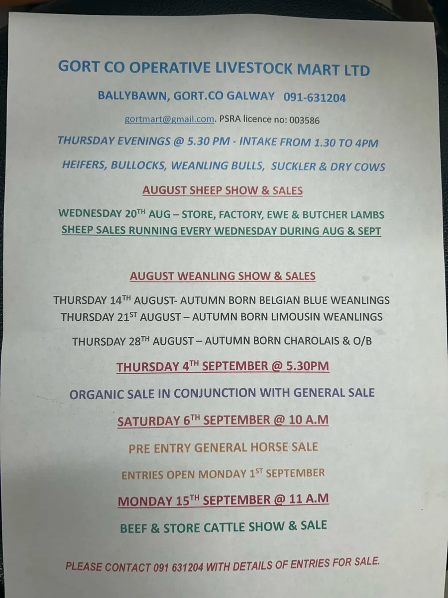 Gort Mart: Thursday 14th August :BBX show sale