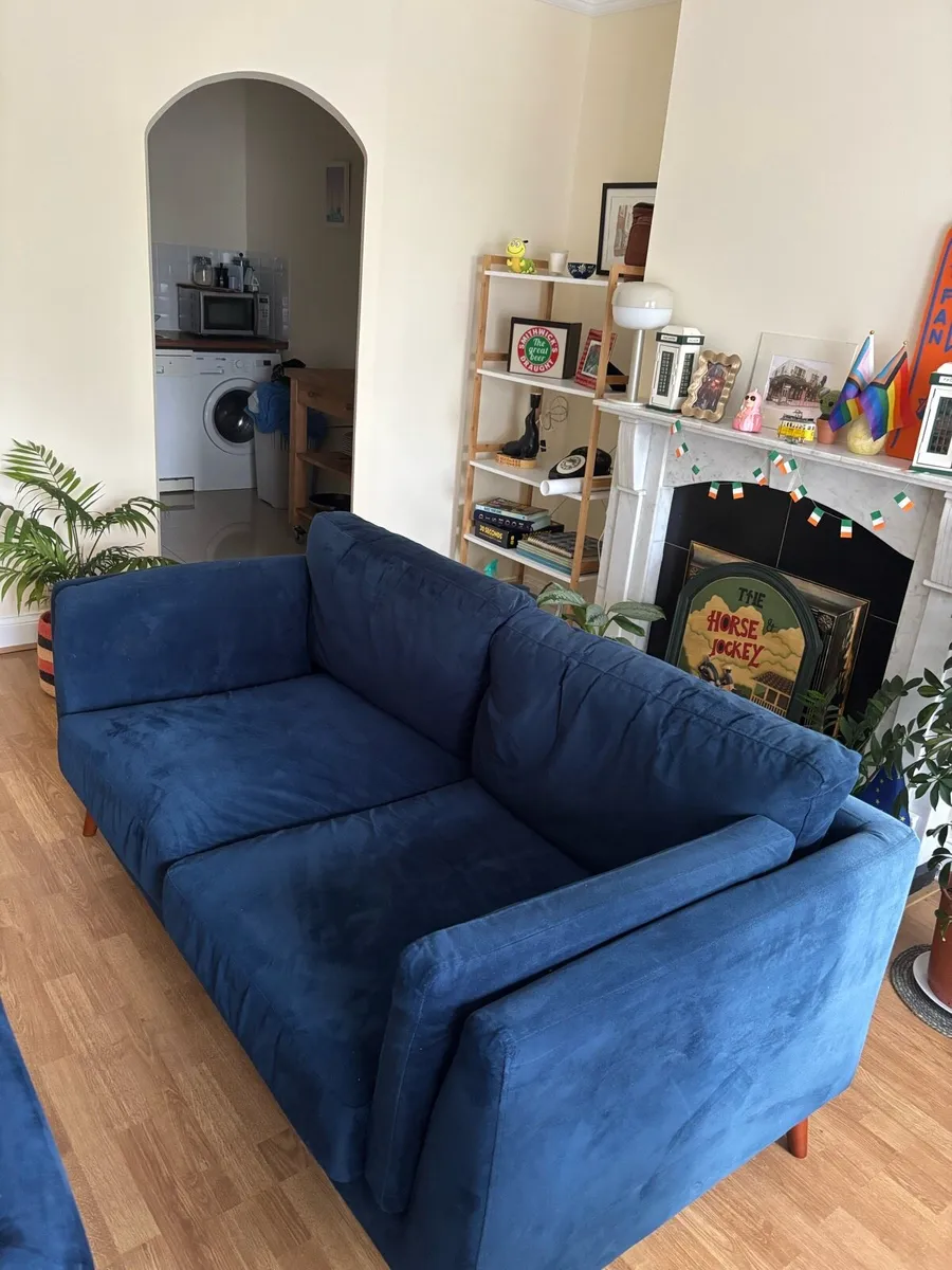 Blue velvet two seater couch sofa - Image 1
