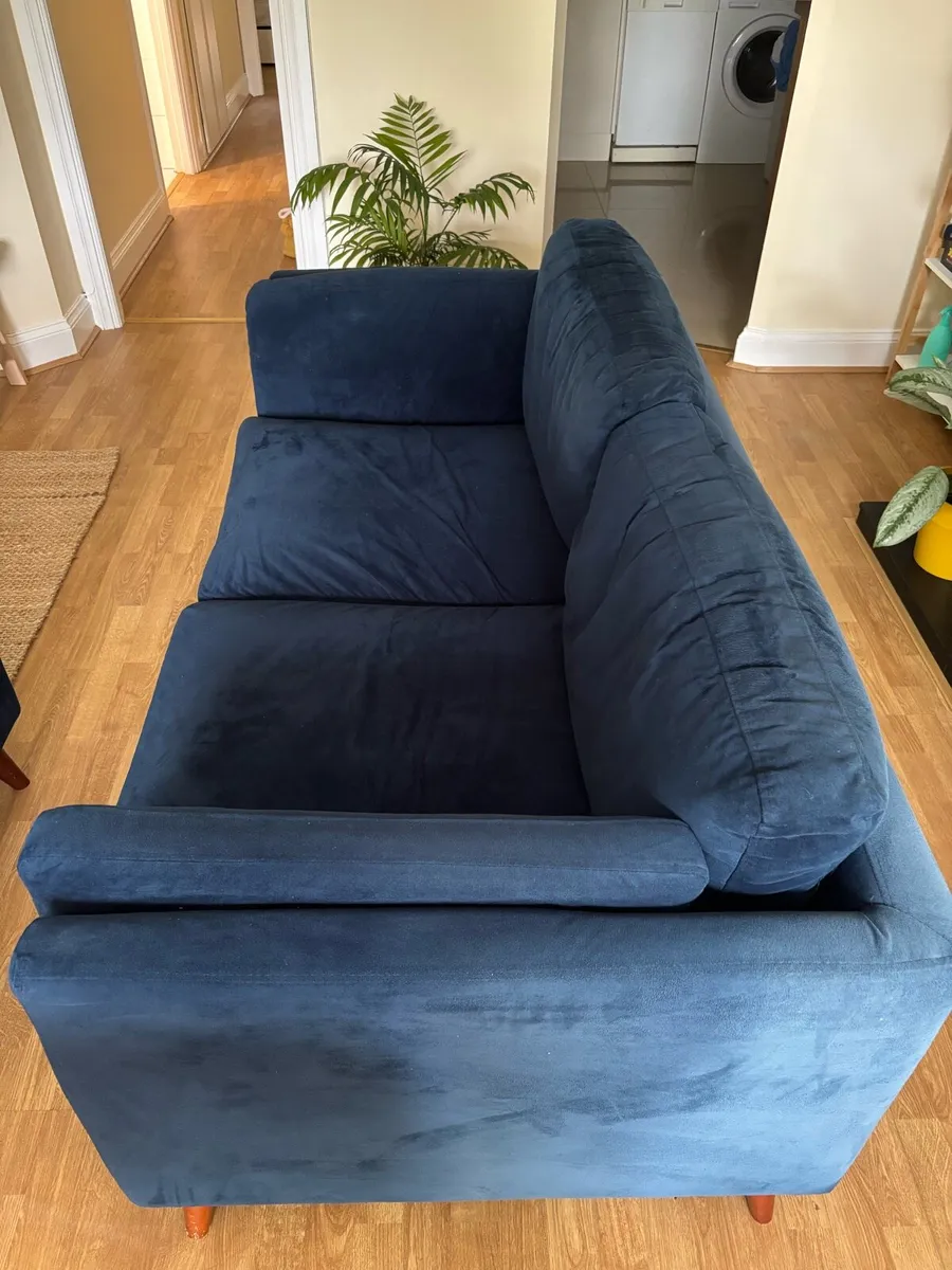 Blue velvet two seater couch sofa - Image 2