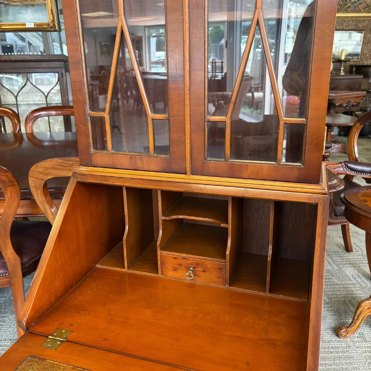 Beautiful yew writing bureau bookcase with double - Image 3