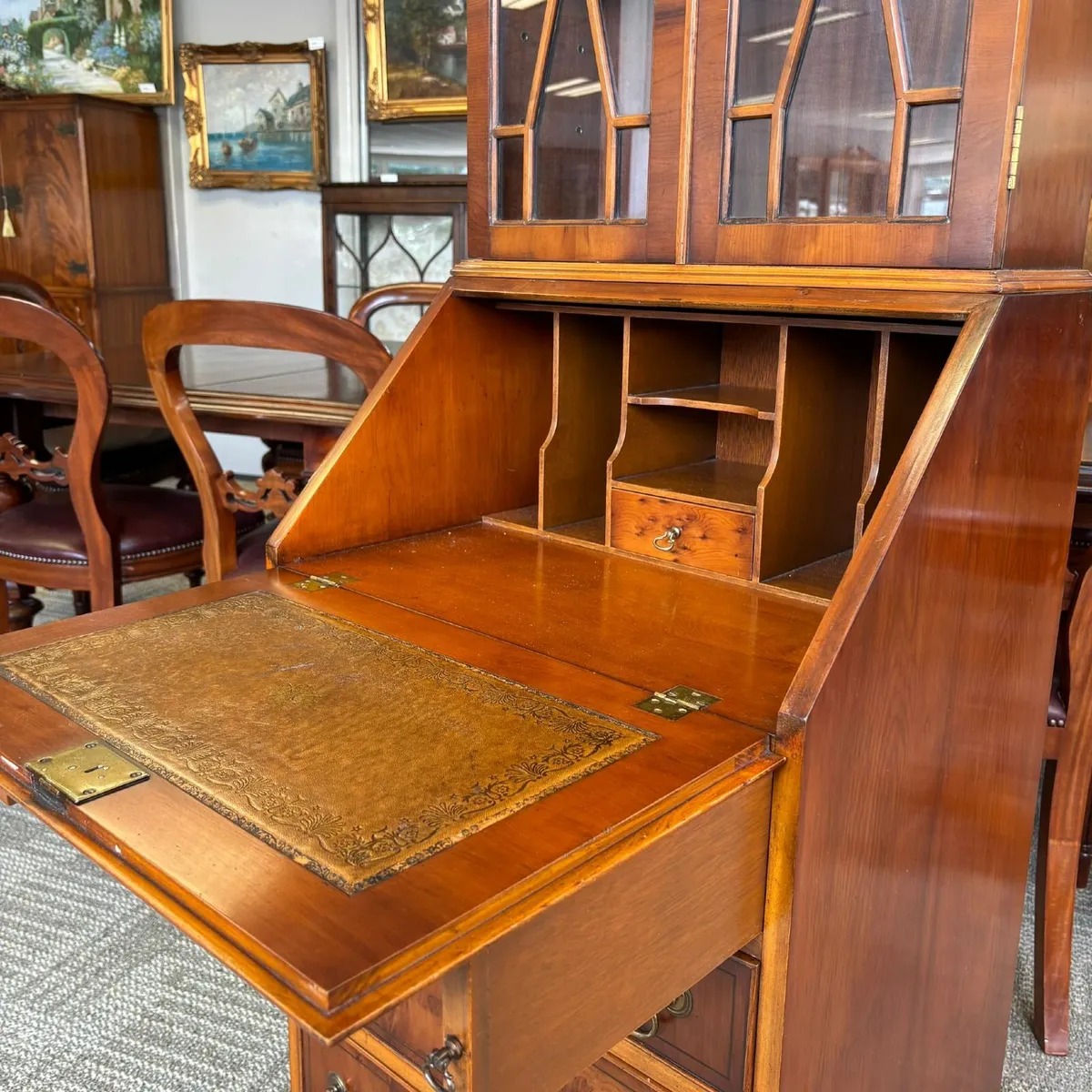 Beautiful yew writing bureau bookcase with double - Image 4