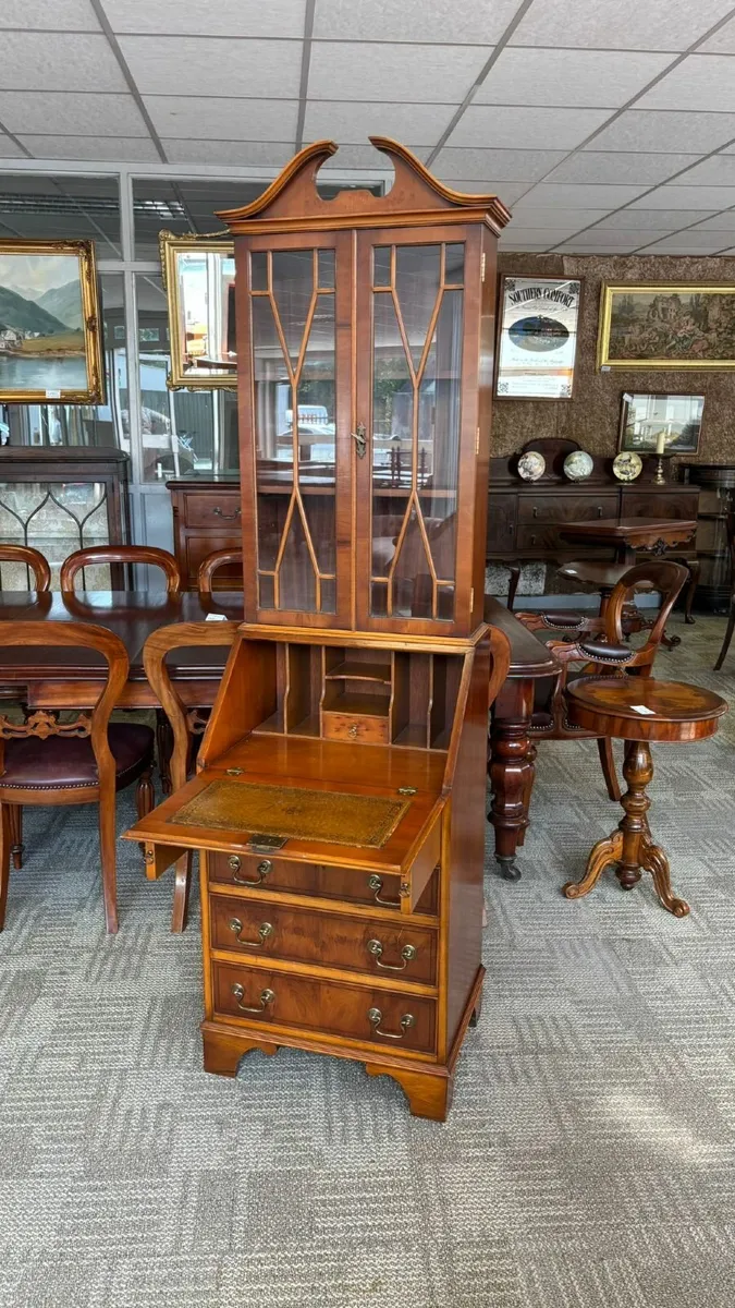 Beautiful yew writing bureau bookcase with double - Image 1