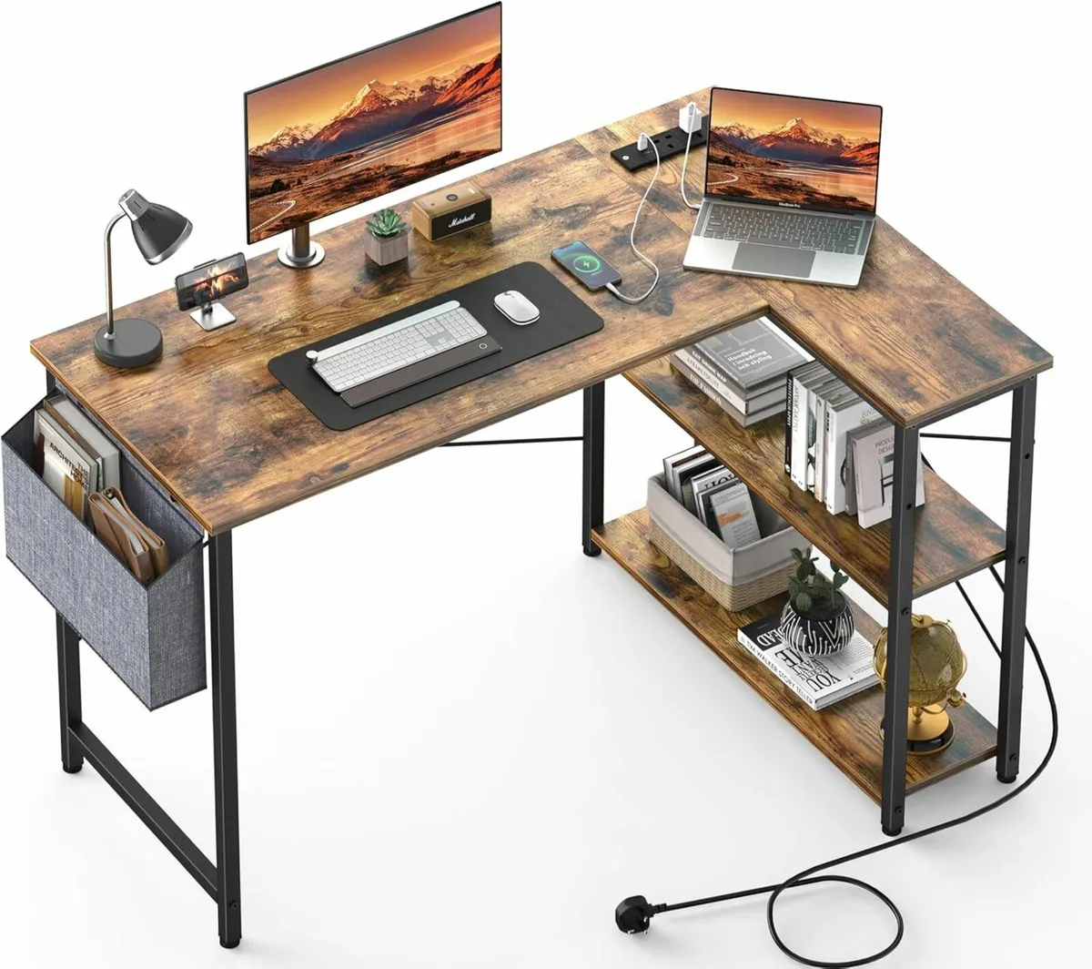 L Shaped Computer Desk Power Outlet, 118CM Brown - Image 2