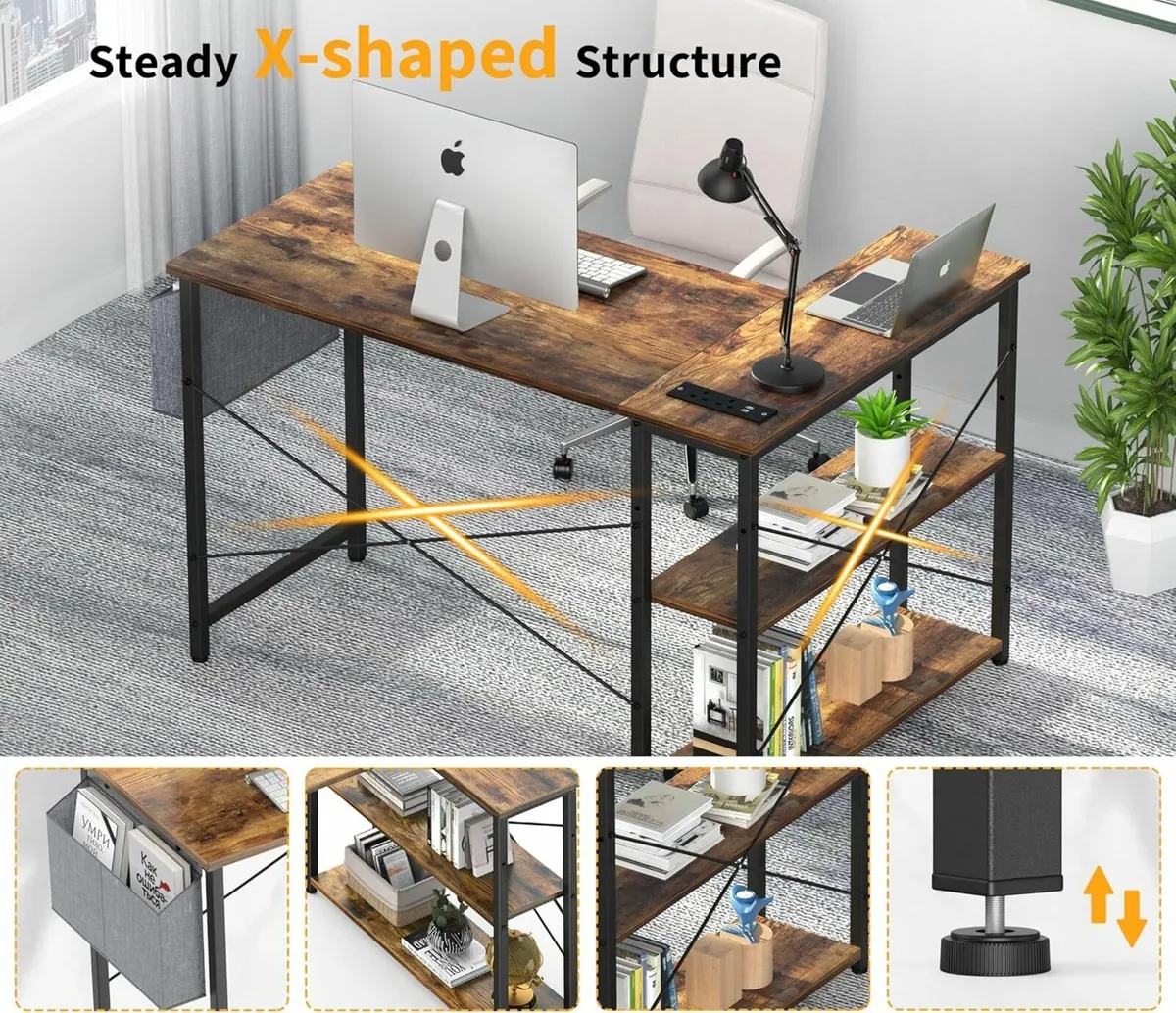 L Shaped Computer Desk Power Outlet, 118CM Brown - Image 3