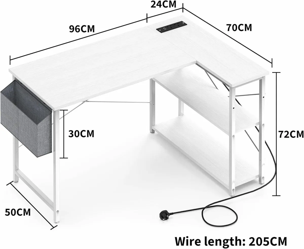 L Shaped Computer Desk Power Outlet 118CM White - Image 2
