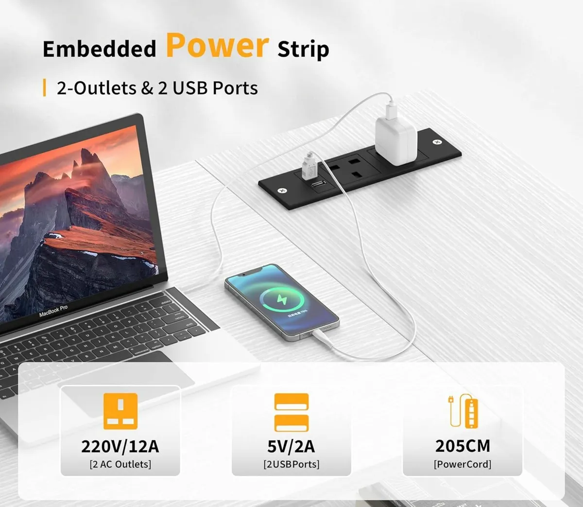L Shaped Computer Desk Power Outlet 118CM White - Image 3