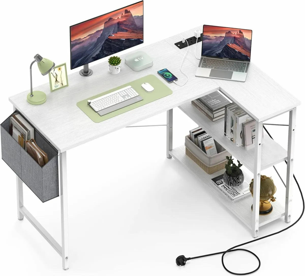 L Shaped Computer Desk Power Outlet 118CM White - Image 1