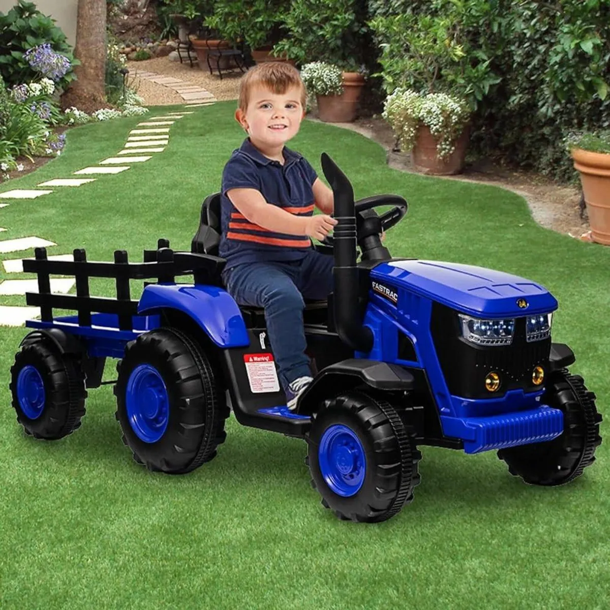 Turbo Harvest 12V Ride On Tractor Blue & Trailer - Image 1