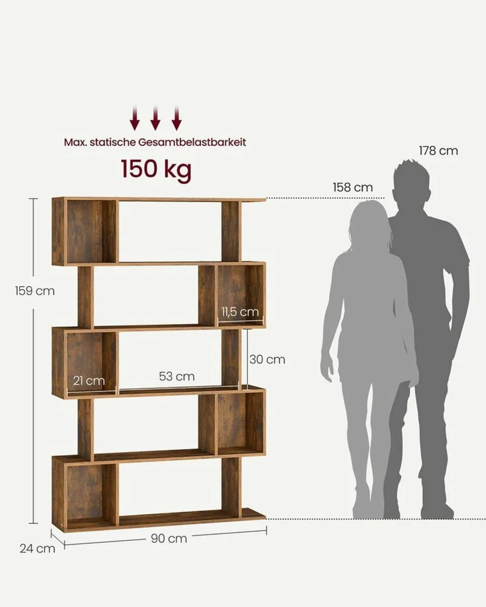 Zigzag 5 Tier Bookcase Vintage Brown or White Styl - Image 3