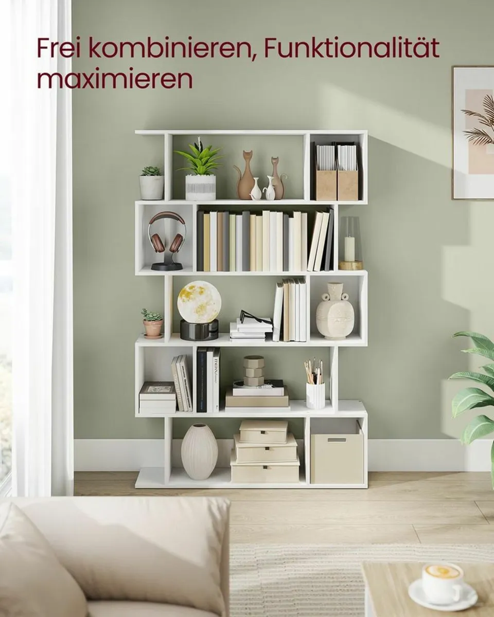 Modern 5 Shelf Zigzag Bookcase – Vintage Brown or - Image 1