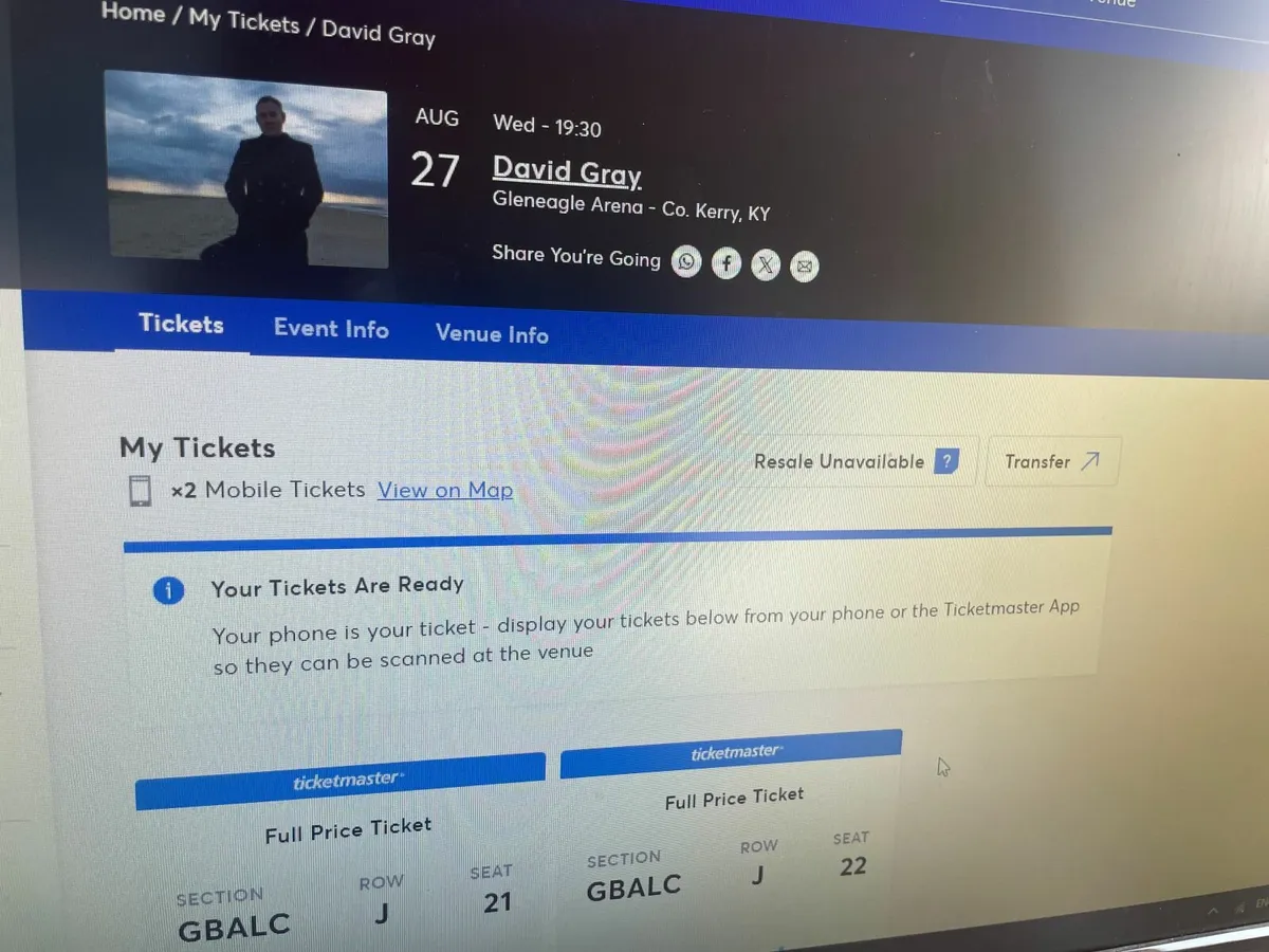 For sale David Gray Tickets (2) Killarney Aug 27