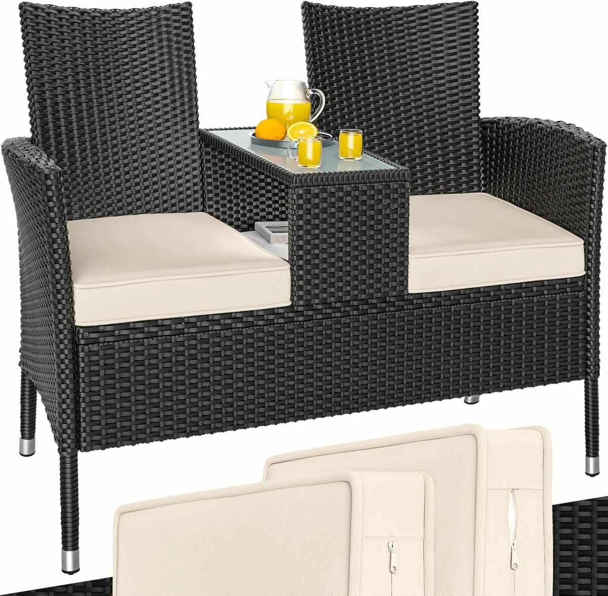 Garden Bench Weatherproof Poly Rattan Table Cushio - Image 1