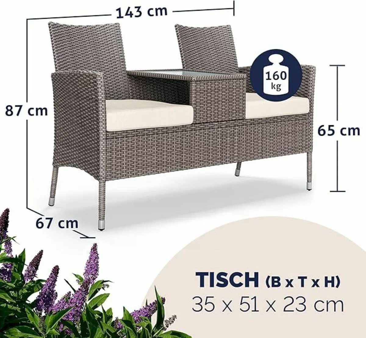 Garden Bench Weatherproof Poly Rattan Table Cushio - Image 3