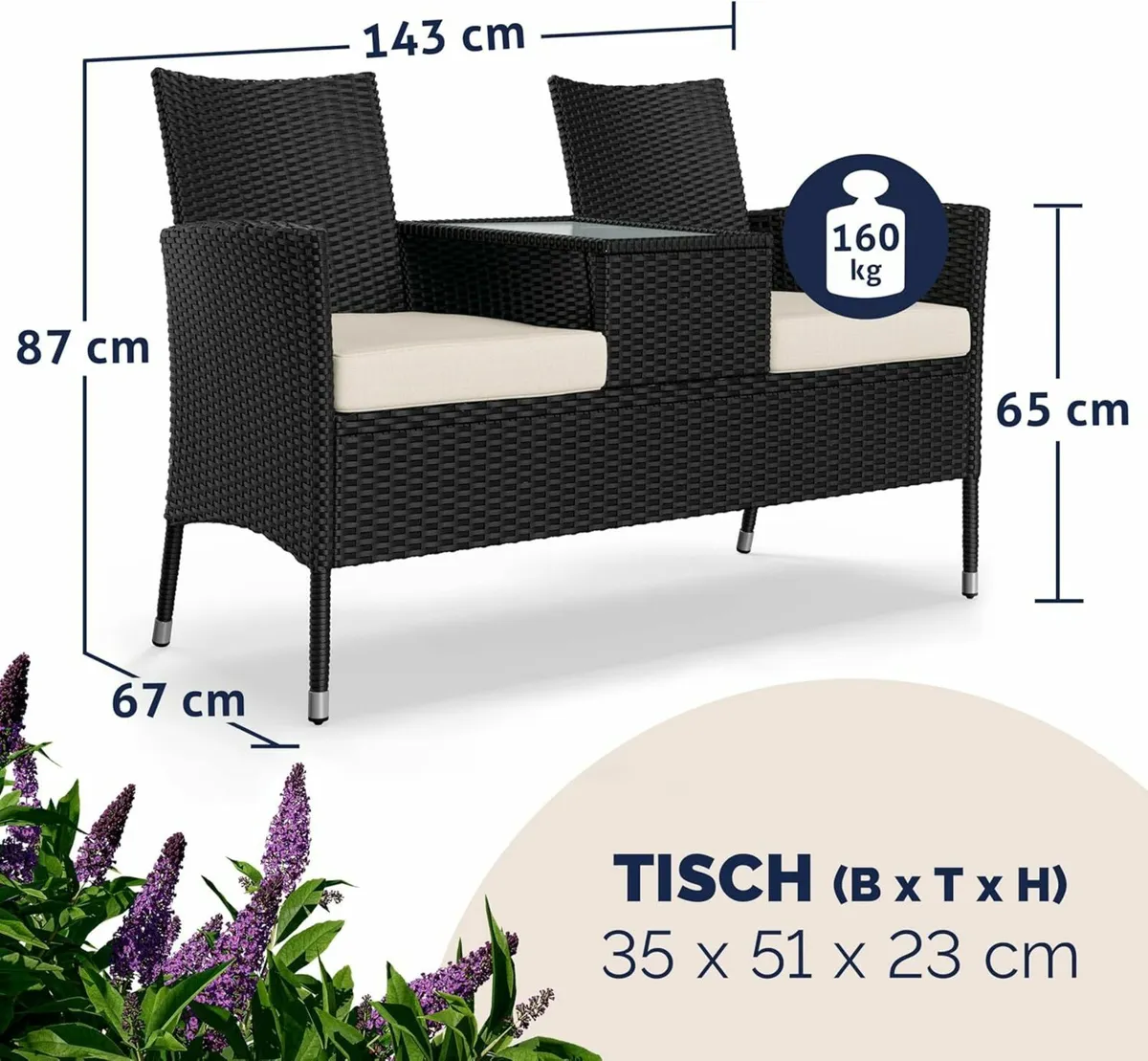 Garden Bench Weatherproof Poly Rattan Table Cushio - Image 4