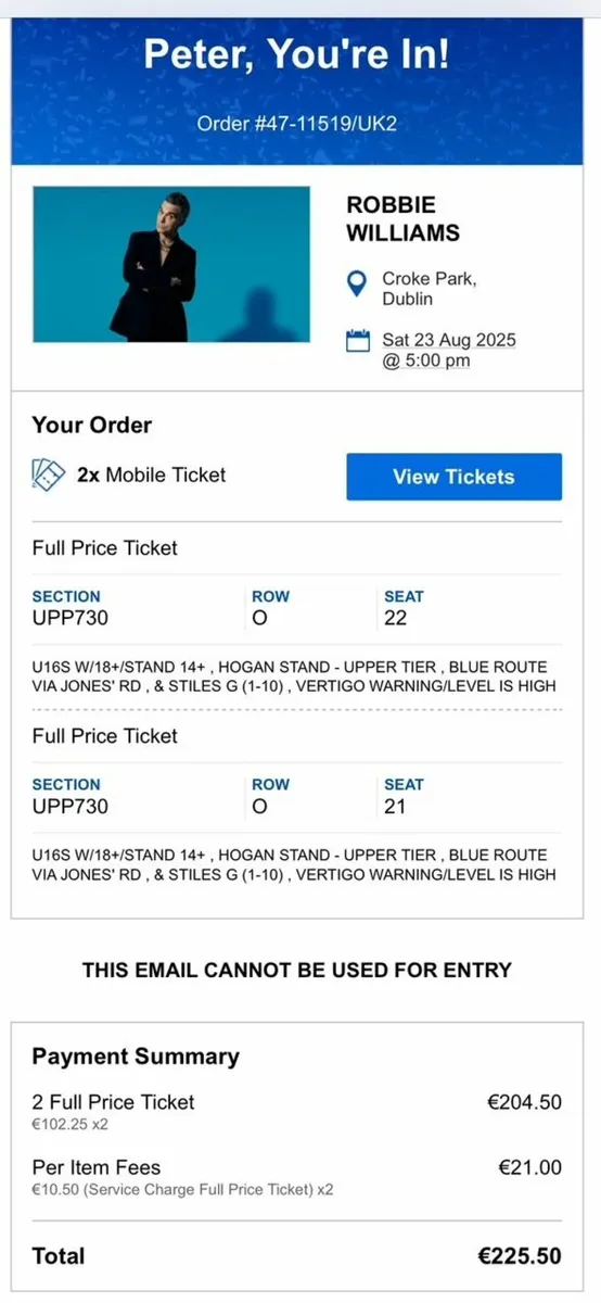 Concert tickets - Robbie Williams , Croke Park.