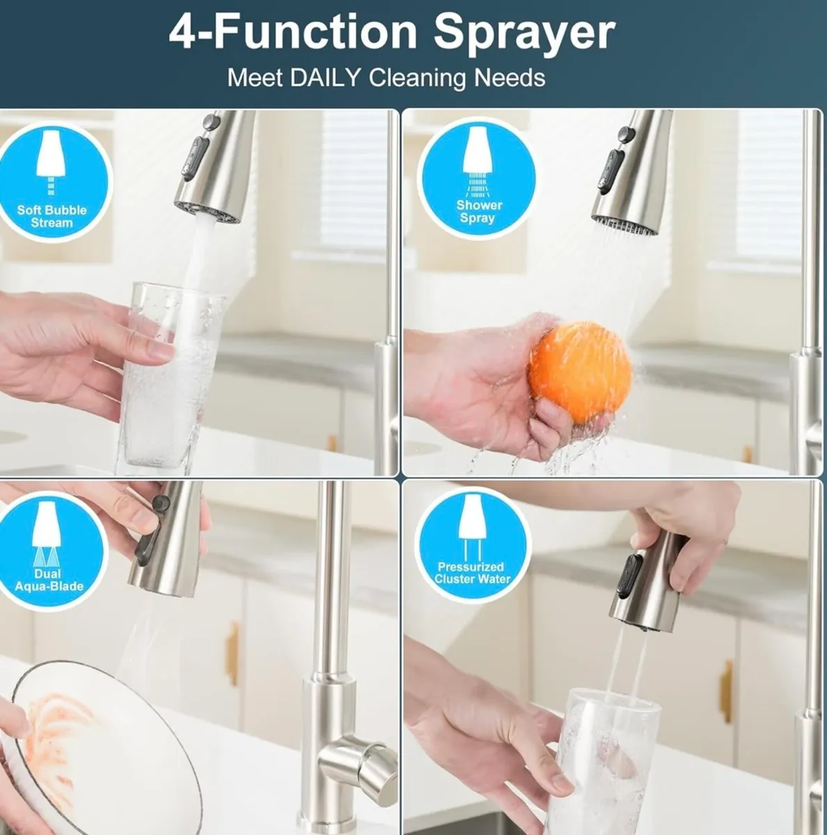 Modern stainless steel 4 setting kitchen mixer tap - Image 2