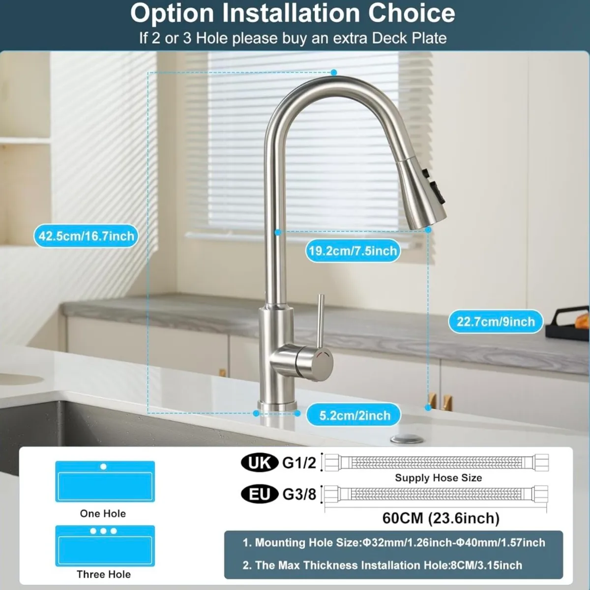 Modern stainless steel 4 setting kitchen mixer tap - Image 4