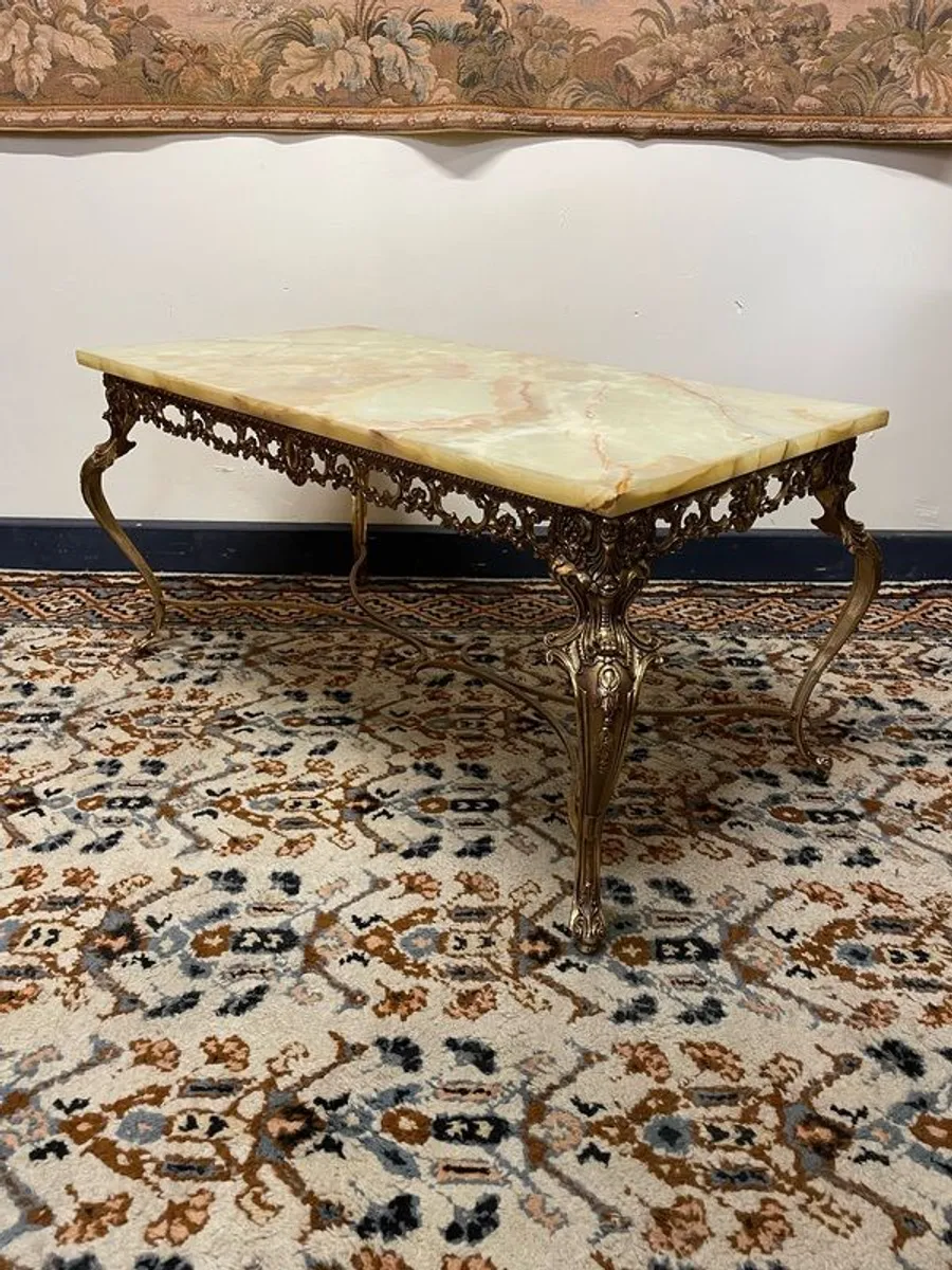 French Vintage Green Onyx & Bronze Coffee Table Louis XV Style. - Image 1