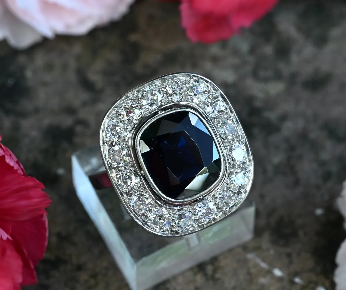 Antique Large Sapphire & Diamond Ring - Platinum - Image 1