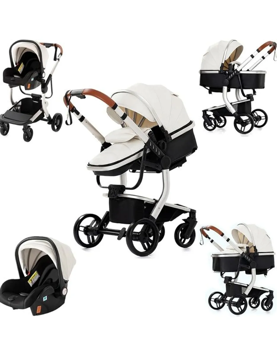 Buggy Magic Zoo Leather 3 in 1 Pushchair Pram Travel System, Baby Stroller 3 in 1 with Reversible Two Pushing Modes, Newborn Infant Buggy Aluminum Frame, Toddler Carriage One-Click Folding (White) - Image 1
