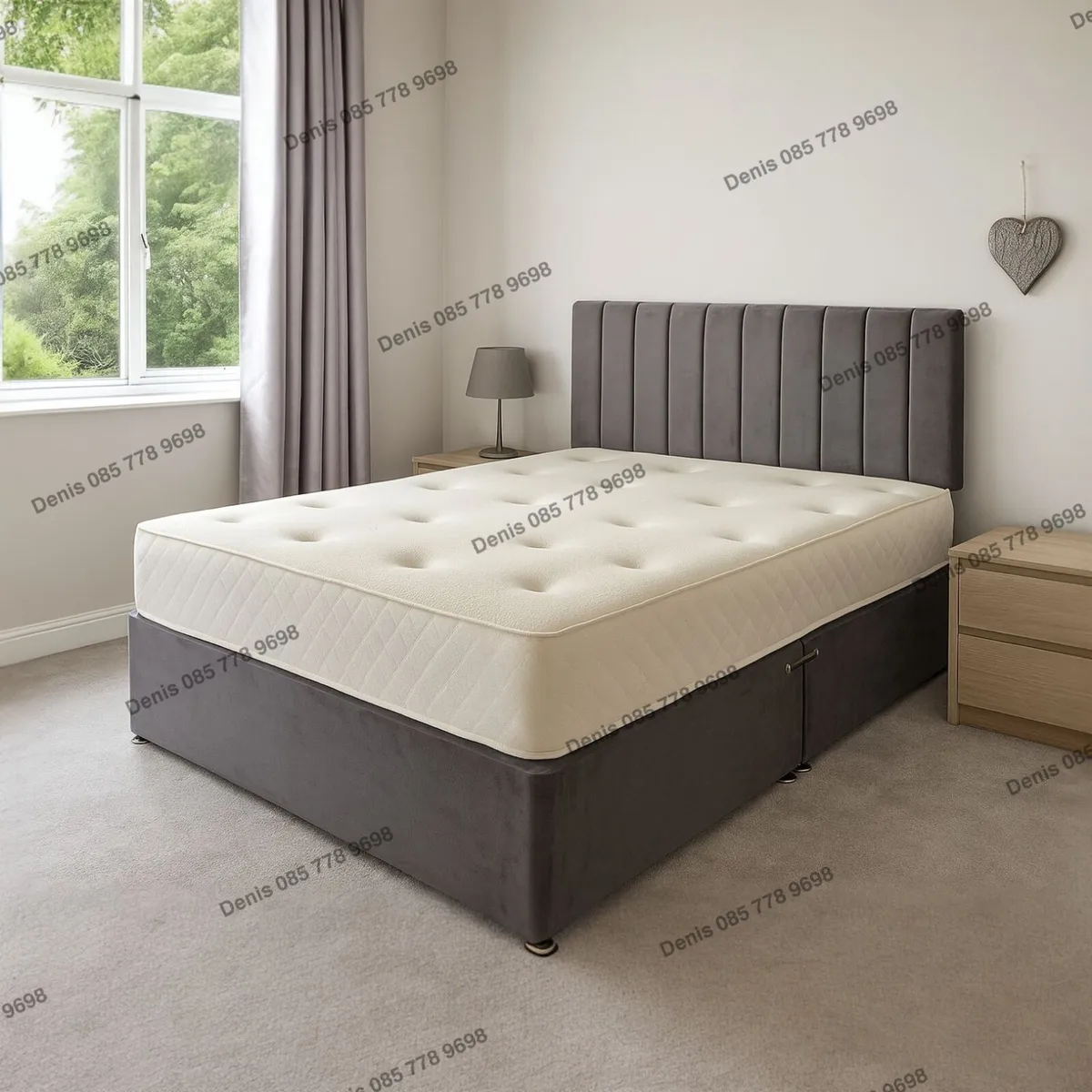 New Grey Divan Base, Headboard & Mattresses