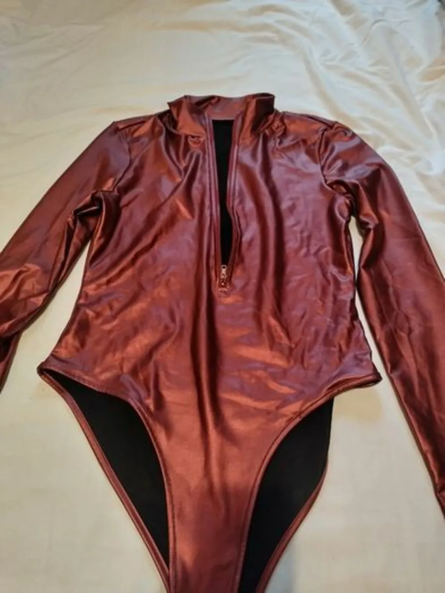 Sexy burgundy pu leather bodysuit for crossdresser - Image 1