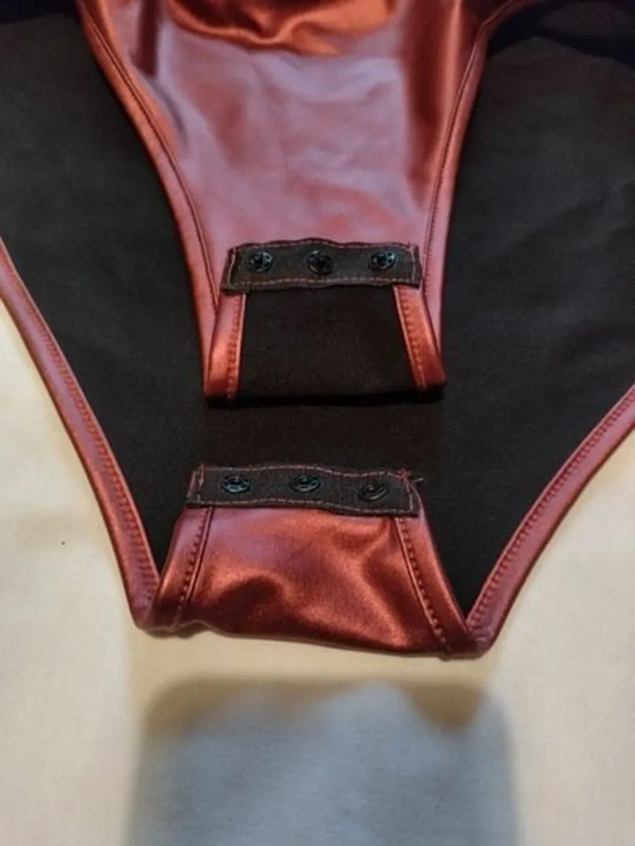 Sexy burgundy pu leather bodysuit for crossdresser - Image 2