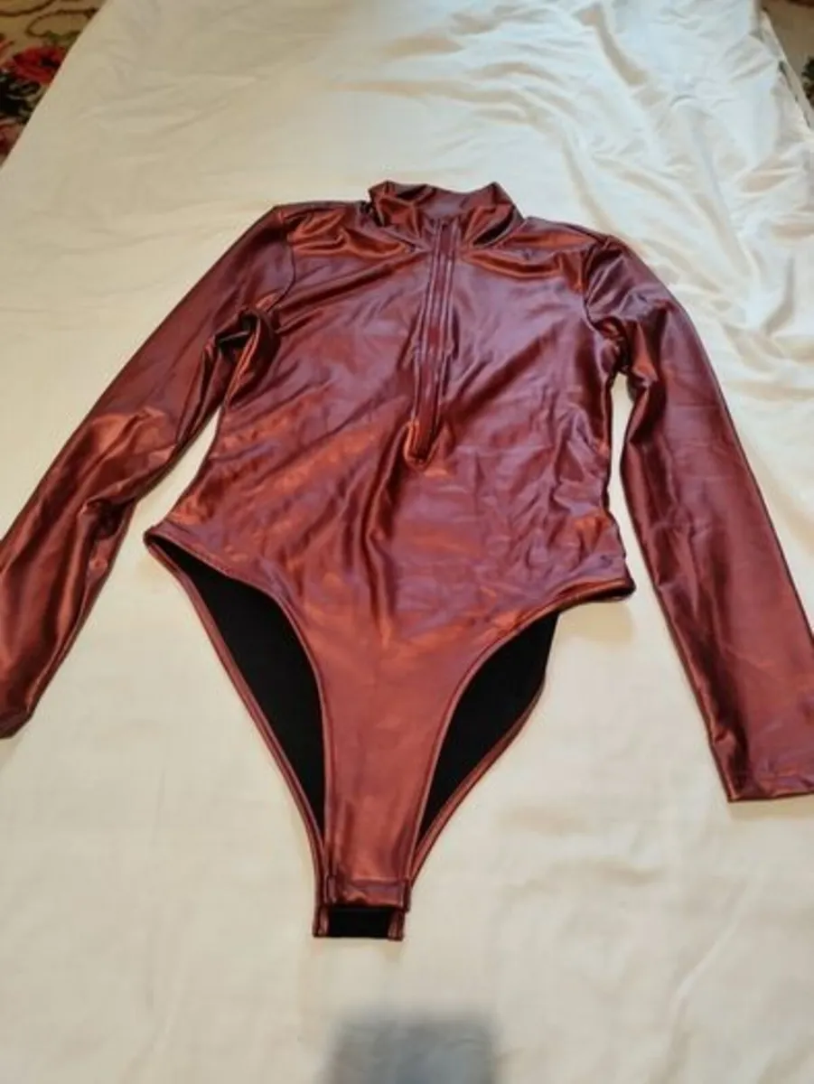 Sexy burgundy pu leather bodysuit for crossdresser - Image 3