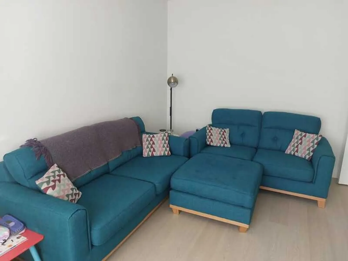 Teal 3 and 2 seater with footstool - Image 1