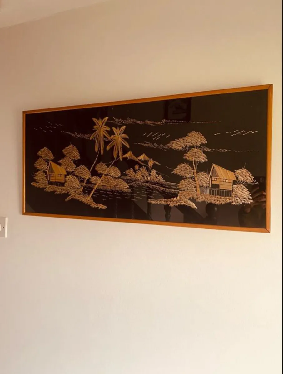 Mid Century Teal Framed Asian Art 94 x 43 cm - Image 1