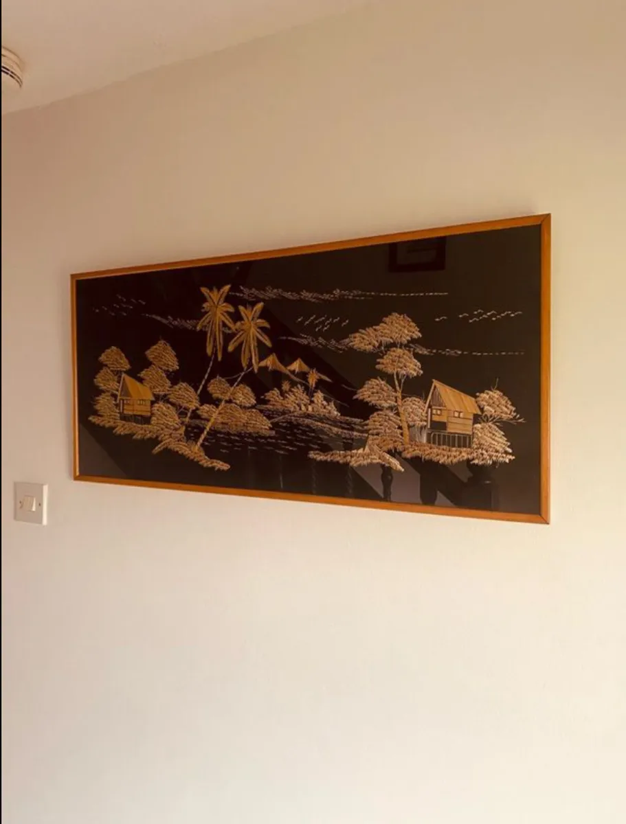Mid Century Teal Framed Asian Art 94 x 43 cm - Image 4