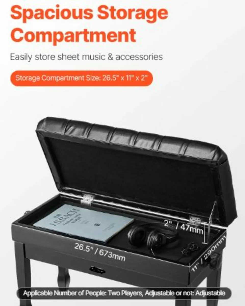 Adjustable Piano Keyboard Bench Storage Padded - Image 3