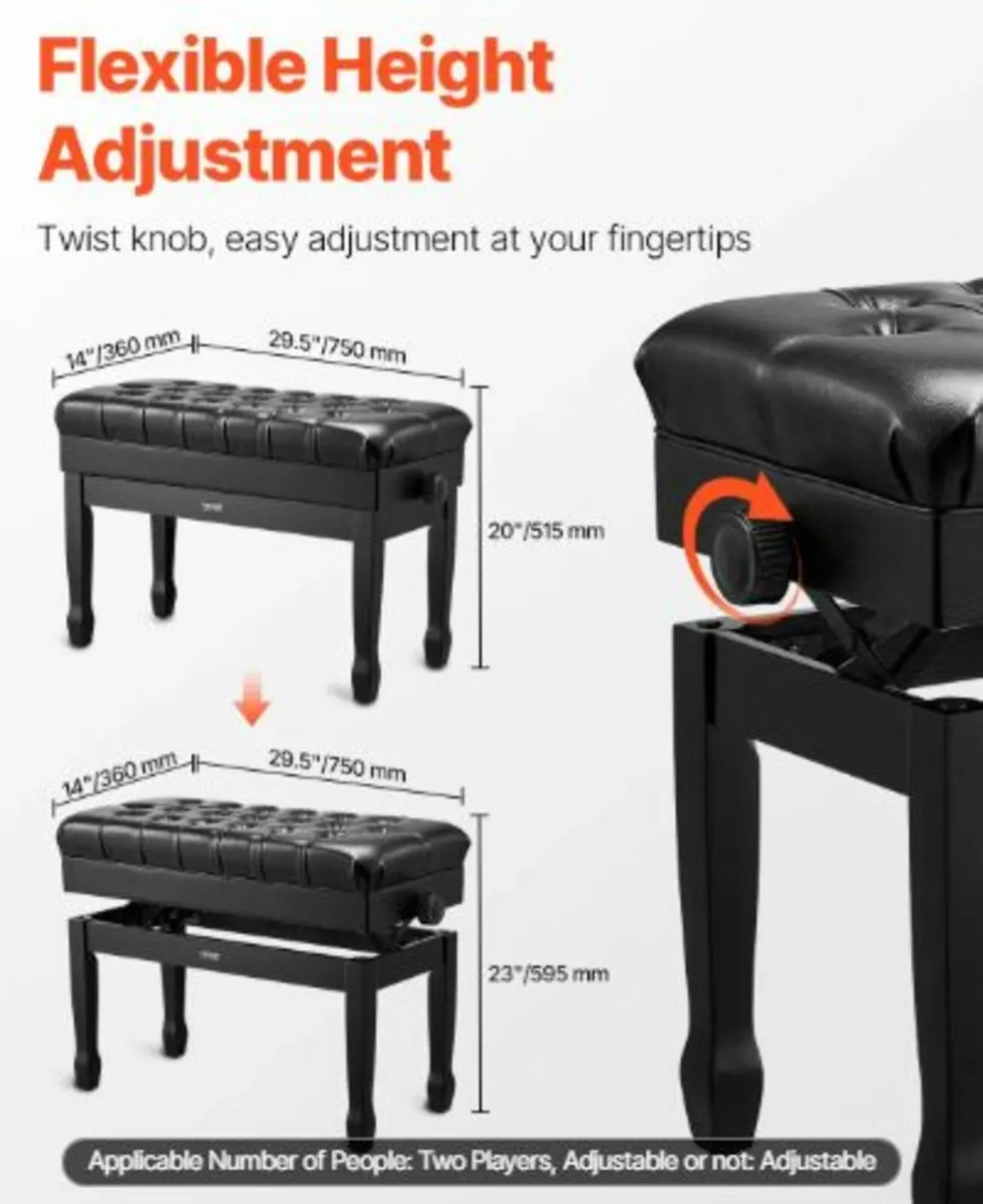 Adjustable Piano Keyboard Bench Storage Padded - Image 4