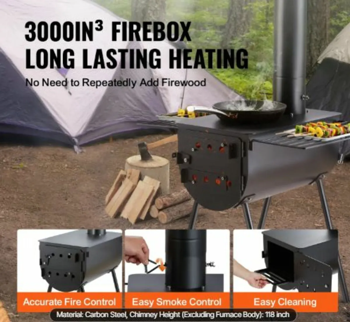 Wood Stove, 3 m, Alloy Steel Camping Tent Stove, - Image 2