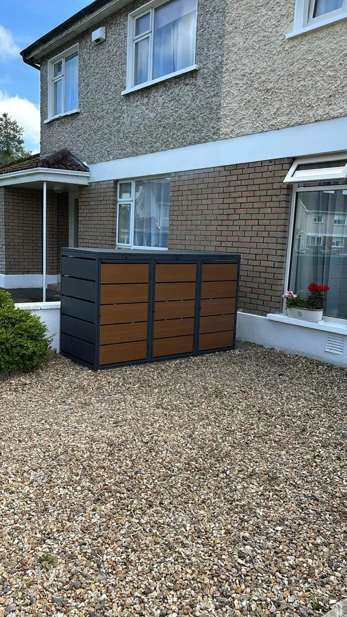Triple Metal Wheelie Bin Shed Golden Oak - Image 1