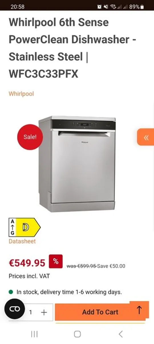 Whirlpool 6th Sense PowerClean Dishwasher - Image 1