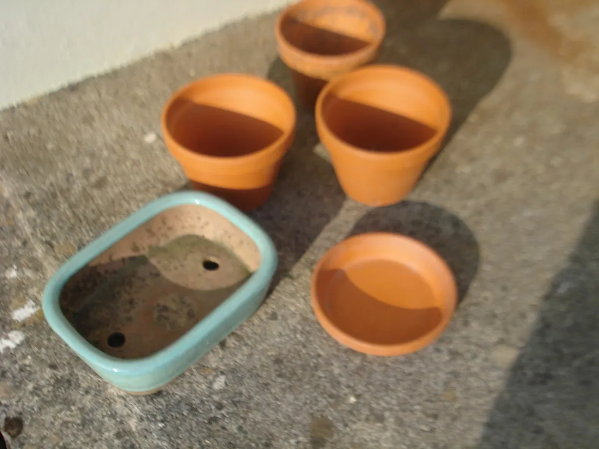 SMALL GARDEN TERRACOTTA POTS, BASE & TROUGH. - Image 1