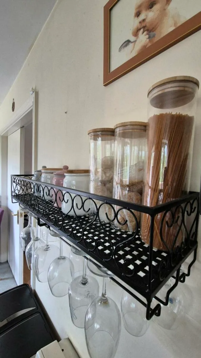 Modern Iron Kitchen Wall Shelf with Glass Rails - Image 2